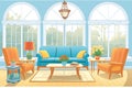 brightly lit colonial revival sunroom with furniture, magazine style illustration