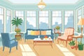 brightly lit colonial revival sunroom with furniture, magazine style illustration