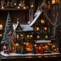 A brightly lit four-story Santa's house toy with Christmas trees, presents, and holiday decor inside Royalty Free Stock Photo