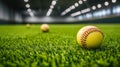 Brightly lit indoor batting cage equipped with softballs, showcasing athletic competition, precision, and practice Royalty Free Stock Photo