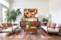a brightly lit living room with vintage teak furniture and geometric rug