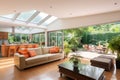 brightly lit open plan living area with garden view