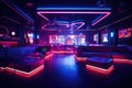 Brightly Lit Room With Couches and Tables, A Welcoming Space, Interior of a night club with bright lights and stylish couches, The Royalty Free Stock Photo