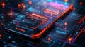 Brightly Lit Smartphone Displaying Futuristic Digital Interfaces With Glowing Elements Creating a Technology Focused Royalty Free Stock Photo