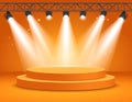Orange light box with platform and side soft spotlights. Bright vector design templat Royalty Free Stock Photo