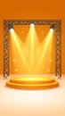Orange light box with platform and side soft spotlights. Bright vector design templat Royalty Free Stock Photo