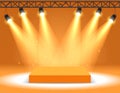 Orange light box with platform and side soft spotlights. Bright vector design templat Royalty Free Stock Photo