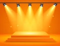Orange light box with platform and side soft spotlights. Bright vector design templat Royalty Free Stock Photo