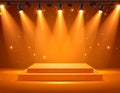 Orange light box with platform and side soft spotlights. Bright vector design templat Royalty Free Stock Photo