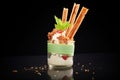 brightly lit sundae with mint leaves and a wafer stick