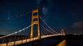 A brightly lit suspension bridge glowing against a night sky Royalty Free Stock Photo