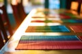 brightly lit table with colorful placemats, no diners