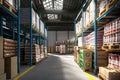 Brightly lit warehouse interior with blue racking system and stacked pallets of goods Royalty Free Stock Photo