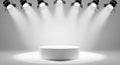 Brightly lit white podium with multiple spotlights creating a dramatic stage for presentation isolated on white background Royalty Free Stock Photo