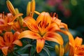 Brightly orange lily flowers. Beautiful flowers with orange petals