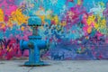 The brightly painted blue fire hydrant is positioned next to a wall filled with vibrant graffiti Royalty Free Stock Photo