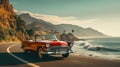 Brightly painted classic vintage car drives along a coastal road