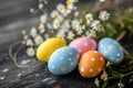 Brightly painted Easter eggs rest on a dark wooden surface, accompanied by a fresh bouquet of daisies. joyful essence of Royalty Free Stock Photo