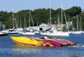 A brightly painted racing-style performance powerboat in Huntington Harbor, NY Royalty Free Stock Photo