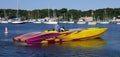 A brightly painted racing-style performance powerboat in Huntington Harbor, NY Royalty Free Stock Photo