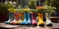 Brightly painted, rain boots used as flowers pots, concept of Vibrant repurposing