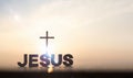 The brightly rising New Year\'s sunrise and the cross of Jesus Christ and JESUS Royalty Free Stock Photo