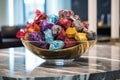 brightly wrapped chocolates in a crystal bowl on a marble reception desk Royalty Free Stock Photo