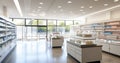 Brightness and Space in Modern Pharmacy Design with large, spacious, empty with sunlight through large panoramic windows. Royalty Free Stock Photo
