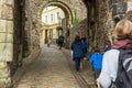 Brighton, England - October 3, 2018: The entrance, walkway, tickets shop and group of student at Lewes Castle & Gardens, East