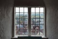 Brighton, England - October 3, 2018: Inside of Lewes Castle, East Sussex county town with old windows and house, city town