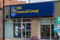 Royal Bank of Canada storefront sign in a Downtown rural sreet of small town Canadian city of Brighton near Pesquile Lake