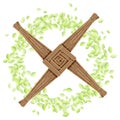 Brigid`s Cross in a wreath of leaves. Imbolc pagan holiday template Vector postcard