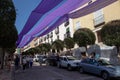 BRIHUEGA, SPAIN - JULY 10, 2021: Purple banners shade the street during lavender fields blooming period, Brihuega,Guadalajara,