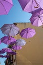 BRIHUEGA, SPAIN - JULY 10, 2021: Purple umbrellas shade the street during lavender fields blooming period, Brihuega,Guadalajara,