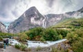 Briksdalen the Briks valley and Briksdalselva the river with Briksdalsbreen the glacier on the left Royalty Free Stock Photo