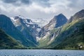 Briksdalsbreen glacier view from the fjord. Royalty Free Stock Photo