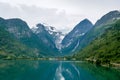 Briksdalsbreen glacier view from the fjord water. Royalty Free Stock Photo