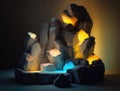 brilliant array of lights cascading onto a glowing rock. Podium, empty showcase for packaging product presentation, AI