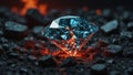 Brilliant Blue Diamond Amidst Glowing Embers and Dark Rocks in a Dramatic Setting Royalty Free Stock Photo
