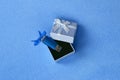 Brilliant blue usb flash memory card with a blue bow lies in a small gift box in blue with a small bow on a blanket of soft and fu Royalty Free Stock Photo