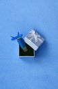 Brilliant blue usb flash memory card with a blue bow lies in a small gift box in blue with a small bow on a blanket of soft and fu Royalty Free Stock Photo