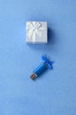 Brilliant blue usb memory card with a blue bow lies next to a small gift box in blue with a small bow on a blanket of soft and fur Royalty Free Stock Photo