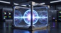 Futuristic glowing plasma core contained within a transparent protective quantum computing research device Royalty Free Stock Photo
