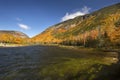 Brilliant fall foliage at Saco Lake in the White Mountains. Royalty Free Stock Photo