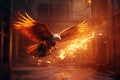 A brilliant fire eagle facing forward flying though a brutalist environment. Generative AI Royalty Free Stock Photo