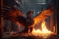 A brilliant fire phoenix facing forward flying though a brutalist environment. Generative AI Royalty Free Stock Photo