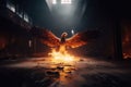 A brilliant fire phoenix facing forward flying though a brutalist environment. Generative AI Royalty Free Stock Photo