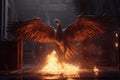 A brilliant fire phoenix facing forward flying though a brutalist environment. Generative AI Royalty Free Stock Photo