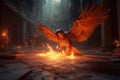 A brilliant fire phoenix facing forward flying though a brutalist environment. Generative AI Royalty Free Stock Photo