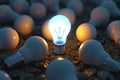 Brilliant growth 3D glowing bulb rises above unlit incandescents